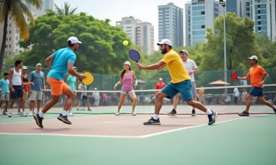 Pickleball players on a court in India enjoying the sport.