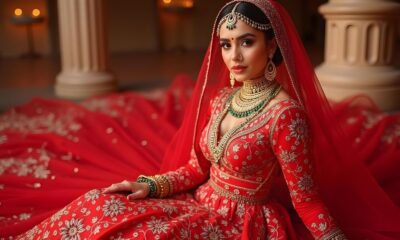 Celebrity bride wearing a modern red bridal outfit with traditional elements, showcasing the fusion of contemporary and cultural fashion.