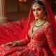 Celebrity bride wearing a modern red bridal outfit with traditional elements, showcasing the fusion of contemporary and cultural fashion.