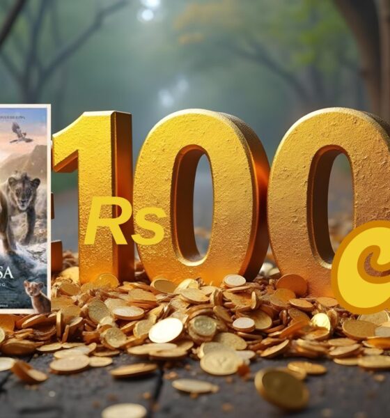 Mufasa: The Lion King’ poster showing Mufasa and Simba, marking the film's ₹100 crore success in India.